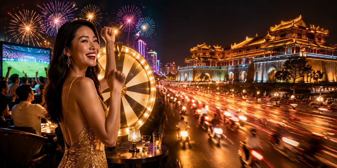 Màn hình slots neon rực rỡ tại Huế với vòng quay may mắn đang phát sáng
