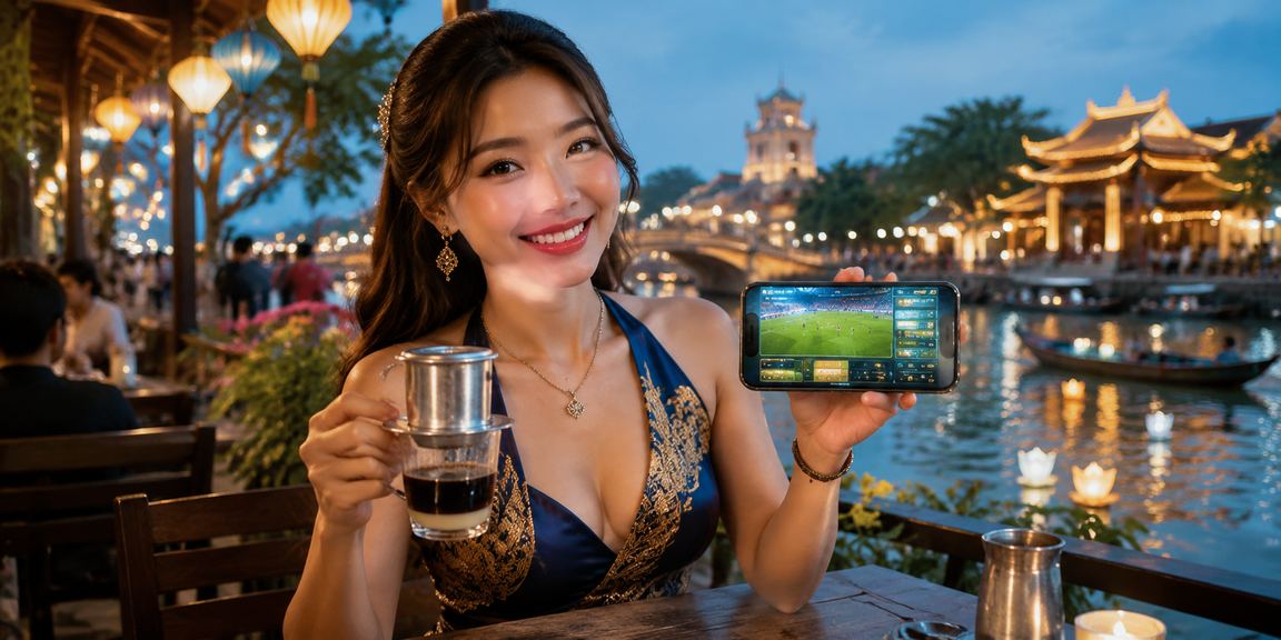 Người dùng tại Huế ngồi quán cà phê dùng điện thoại kiểm tra và nhập mã voucher 23win07
