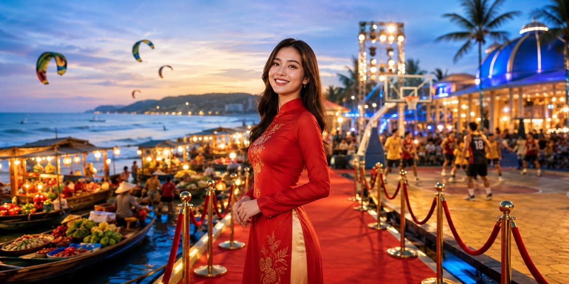 Người dùng Mũi Né theo dõi kèo bóng rổ qua ứng dụng di động trong trang phục áo dài truyền thống